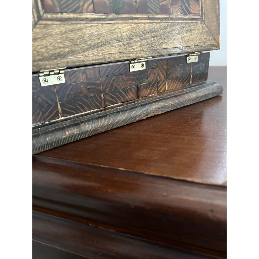 Vintage Wooden Jewelry Box Mirror Black Velvet Lining Handcrafted